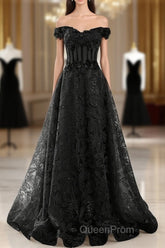 Black A-Line Lace Off Shoulder Tulle With Lace Evening Prom Dresses, Black Long Evening Dresses