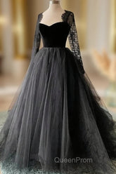 Black A-line Long Lace Sleeves Tulle Evening Dresses, Black Evening Prom Dresses Party Dresses