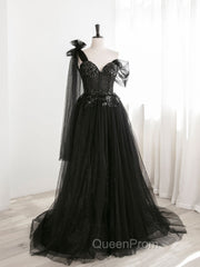 Black A line one Shoulder Tulle Long Evening Prom Dresses, Black Tulle Evening Dresses