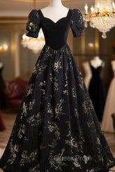 Black A-line Short Sleeves Sweetheart Floral Long PartY Dresses, Black Evening Prom Dresses