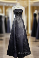 Black A-Line Straps Beaded Floor Length Party Dresses, Black Satin Long Evening Prom Dresses
