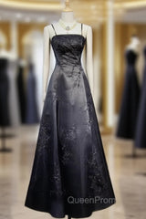 Black A-Line Straps Beaded Floor Length Party Dresses, Black Satin Long Evening Prom Dresses