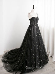Black A line Sweetheart Neck Tulle Long Evening Prom Dresses, Black Evening Graduation Dresses
