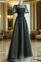 Black A-Line Tulle Butterfly Long Evening Prom Dresses, Black Long Evening Dresses