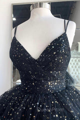 Black A-Line Tulle High Low Evening Prom Dresses, V-Neck Evening Party Dresses