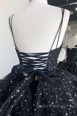 Black A-Line Tulle High Low Evening Prom Dresses, V-Neck Evening Party Dresses