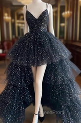 Black A-Line Tulle High Low Evening Prom Dresses, V-Neck Evening Party Dresses