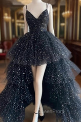 Black A-Line Tulle High Low Evening Prom Dresses, V-Neck Evening Party Dresses