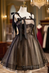 Black A-Line Tulle Lace Short Evening Prom Dresses, Black Lace Homecoming Dresses