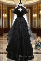 Black A-Line Tulle Long Evening Prom Dresses, Black Long Evening Dresses