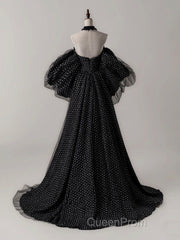 Black A- Line Tulle Long Evening Prom Dresses, Black Long Formal Dresses