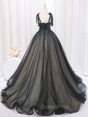 Black A-Line Tulle Long Evening Prom Dresses, Black Tulle Evening Dresses