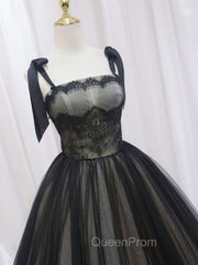 Black A-Line Tulle Long Evening Prom Dresses, Black Tulle Evening Dresses