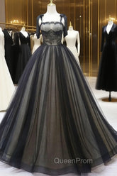 Black A-Line Tulle Long Evening Prom Dresses, Black Tulle Evening Dresses