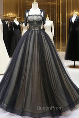 Black A-Line Tulle Long Evening Prom Dresses, Black Tulle Evening Dresses
