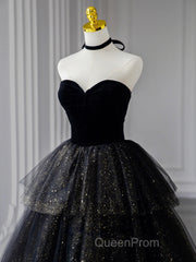 Black A-Line Tulle Shiny Tulle Long Evening Prom Dresses, Black Tulle Formal Dresses