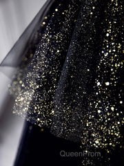 Black A-Line Tulle Shiny Tulle Long Evening Prom Dresses, Black Tulle Formal Dresses