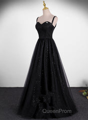 Black A-Line Tulle Straps Simple Long Evening Prom Dresses, Black Evening Dresses Party Dresses