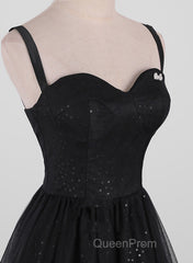 Black A-Line Tulle Straps Simple Long Evening Prom Dresses, Black Evening Dresses Party Dresses