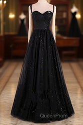 Black A-Line Tulle Straps Simple Long Evening Prom Dresses, Black Evening Dresses Party Dresses