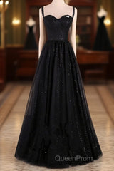 Black A-Line Tulle Straps Simple Long Evening Prom Dresses, Black Evening Dresses Party Dresses