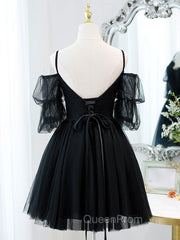 Black A line V Neck Lace Short/Mini Evening Prom Dresses, Black Puffy Homecoming Dresses
