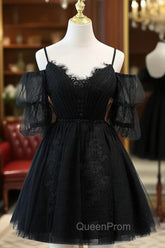 Black A line V Neck Lace Short/Mini Evening Prom Dresses, Black Puffy Homecoming Dresses