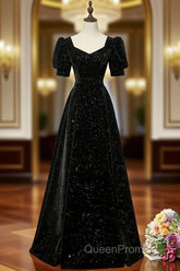 Black A-line Velvet Long Evening Prom Dresses Party Dresses, Black Short Sleeves Evening Prom Dresses