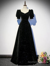 Black A-line Velvet Long Prom Dress Party Dress, Black Short Sleeves Prom Dress