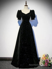 Black A-line Velvet Long Prom Dress Party Dress, Black Short Sleeves Prom Dress