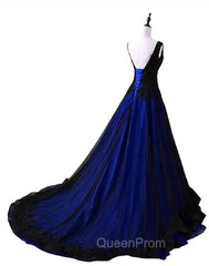 Black and Blue V-neckline Lace Applique Long Evening Dresses, Black and Blue Evening Prom Dresses