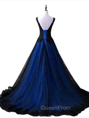 Black and Blue V-neckline Lace Applique Long Evening Dresses, Black and Blue Evening Prom Dresses