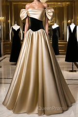 Black And Champagne Satin Long Party Dresses, Off Shoulder Satin Evening Prom Dresses