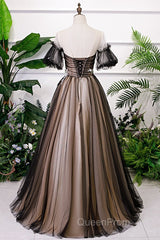 Black And Champagne Short Sleeves Tulle With Lace Party Dresses, A-Line Floor Length Evening Prom Dresses