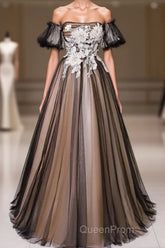 Black And Champagne Short Sleeves Tulle With Lace Party Dresses, A-Line Floor Length Evening Prom Dresses