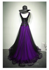 Black and Purple V-neckline A-line Evening Prom Dresses, Tulle with Lace Party Dresses
