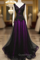 Black and Purple V-neckline A-line Evening Prom Dresses, Tulle with Lace Party Dresses