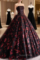 Black and Red Floral Tulle Long Party Dresses, Strapless Evening Sweet 16 Dresses