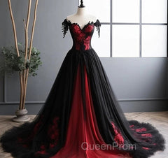 Black And Red Lace Tulle Off Shoulder Evening Prom Dresses, Black And Red Formal Dresses