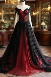 Black And Red Lace Tulle Off Shoulder Evening Prom Dresses, Black And Red Formal Dresses