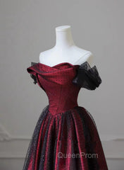 Black and Red Long Party Dresses, Off Shoulder Tulle A-line Evening Prom Dresses
