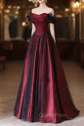 Black and Red Long Party Dresses, Off Shoulder Tulle A-line Evening Prom Dresses
