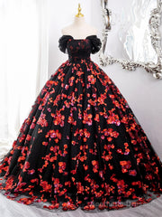 Black and Red Off Shoulder Floral Tulle Formal Dress, Floor Length Party Dress