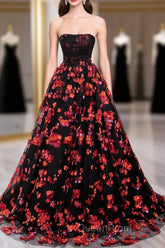 Black and Red Off Shoulder Floral Tulle Evening Dresses, Floor Length Party Dresses