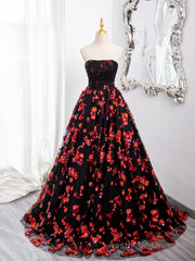 Black and Red Off Shoulder Floral Tulle Formal Dress, Floor Length Party Dress