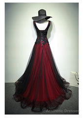 Black and Red Tulle V-neckline Beaded Lace Long Party Dress,A-line Formal Evening Dresses