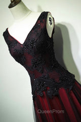 Black and Red V-Neck Tulle Long Evening Prom Dresses, Lace Evening Dresses