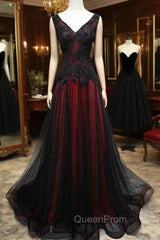 Black and Red V-Neck Tulle Long Evening Prom Dresses, Lace Evening Dresses