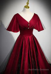 Black and Red V-neckline Long Satin Prom Dress,Chic Long A-line Party Dress