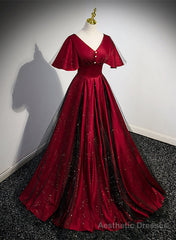 Black and Red V-neckline Long Satin Prom Dress,Chic Long A-line Party Dress